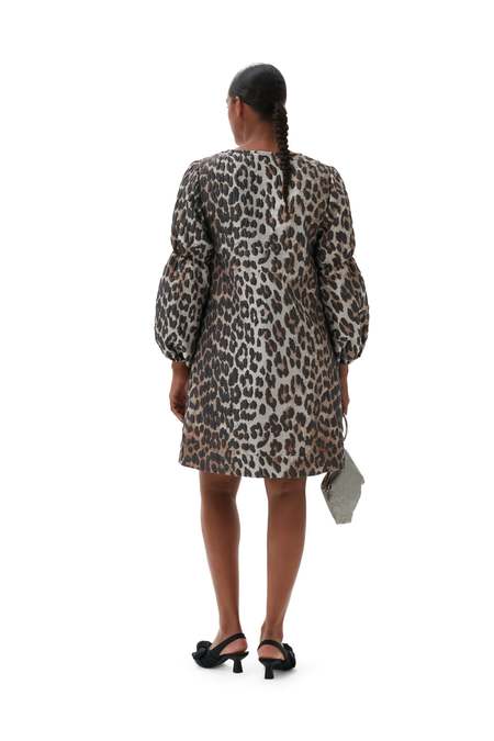 Ganni 3D Jacquard Puff Sleeve Mini Dress - Big Leopard Almond Milk
