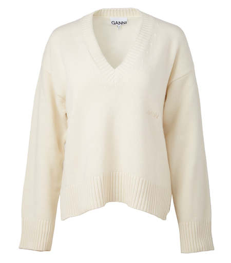 Ganni V-Neck Knitted Sweater - Egret