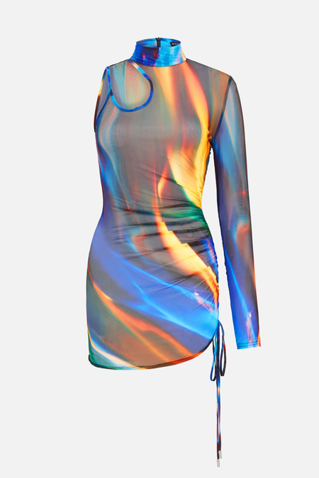 David Koma Printed Net Side Gathering Mini Dress - Multicolor